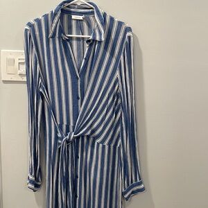 Kush long sleeve collared white and blue striped front tie dress